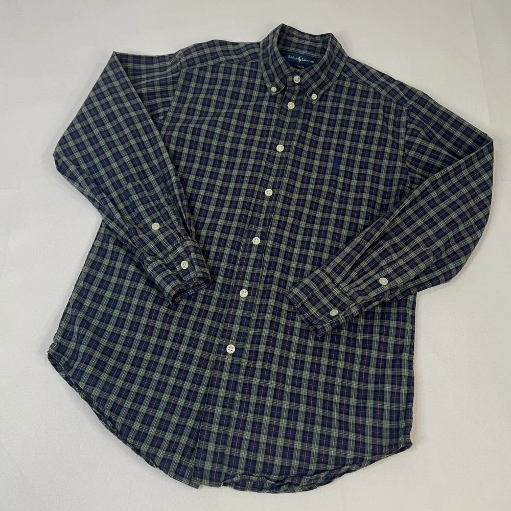Ralph Lauren Plaid Button Down Shirt Long Sleeve Green Blue Casual Size‎ M 10/12